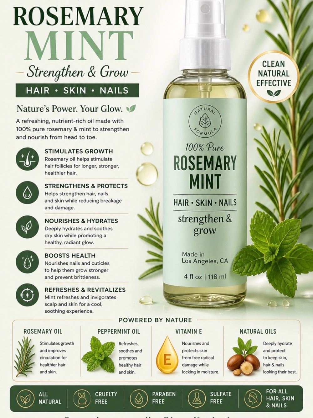 100% Pure Rosemary Mint Hair, Skin & Nails Strengthen & Grow Spray